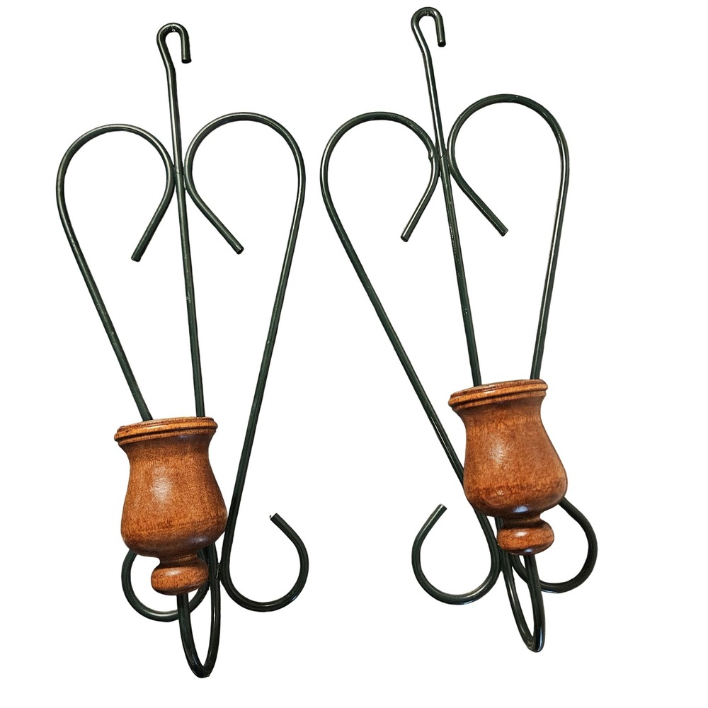 Vintage Metal and Wood Green Taper‎ Candle Holders set of 2